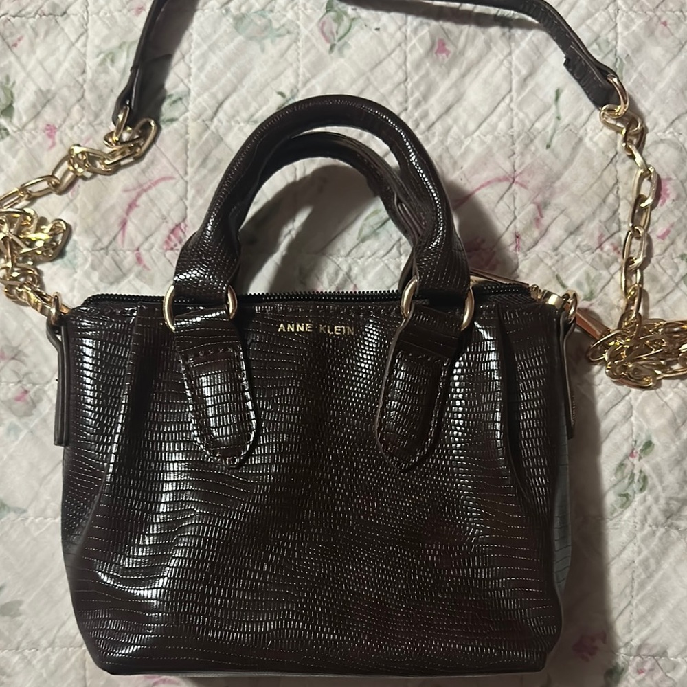 Anne Klein Brown and Gold Satchel with Chain Strap